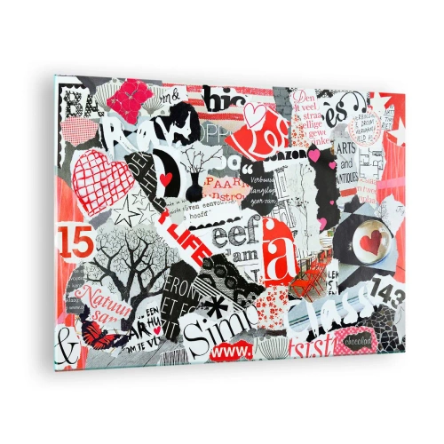 Billede på glas - En collage af bogstaver, hjerter og træer i en kunstnerisk stil. - 70x50cm - Hipster collage - Moderne vægdekoration til stue og soveværelse ARTTOR