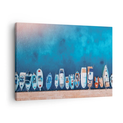 Lærredstryk - Billede på lærred - Både fortøjet ved kysten mod det blå vand - 70x50cm - I én række - Moderne vægdekoration til stue og soveværelse ARTTOR
