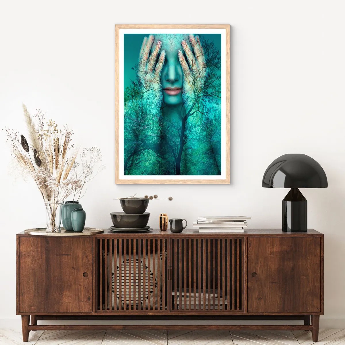 Plakat i ramme af lyst egetræ - Nedsænket i blåt - 70x100 cm