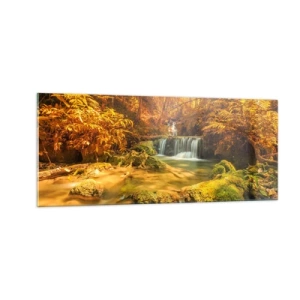 Billede på glas - Skovkaskade i guld - 100x40 cm