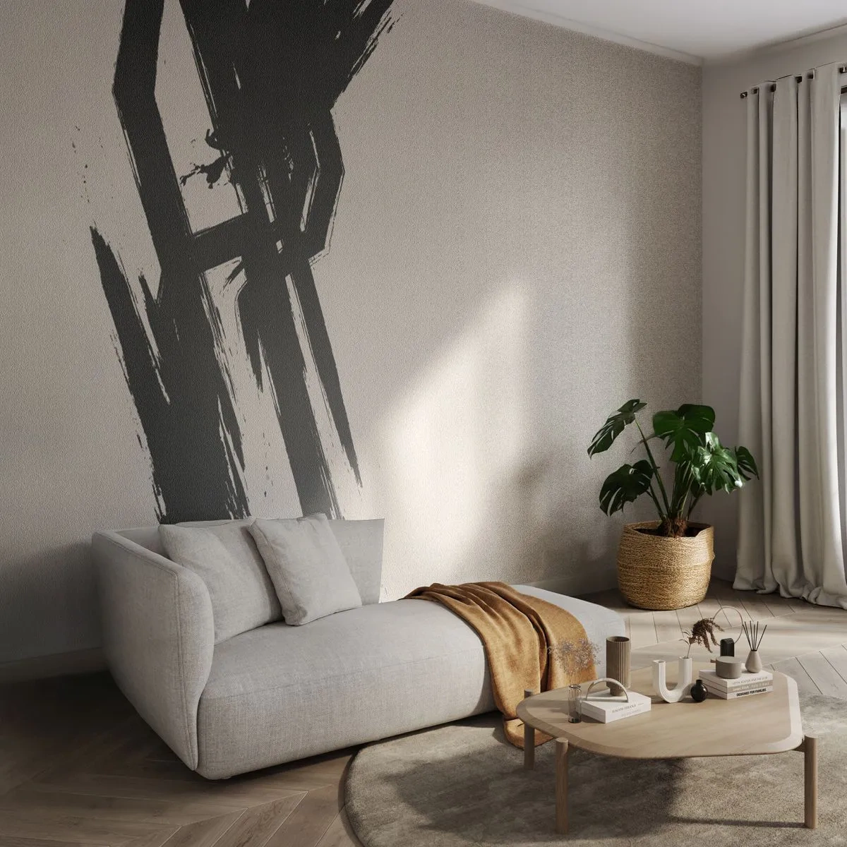 Fototapet Standard Eco - Dynamisk sort pensel på en beige baggrund - 100x70cm - Ustoppeligt momentum - Moderne vægdekoration til stue og soveværelse ARTTOR