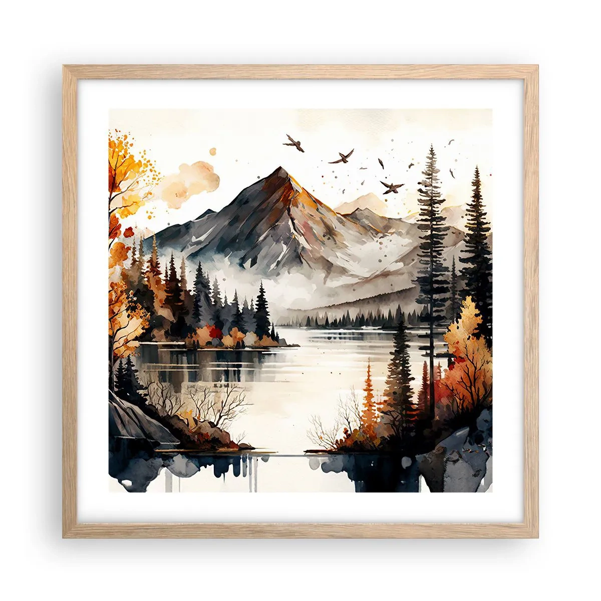 Plakat i ramme af lyst egetræ - Gyldent efterår i bjergene - 50x50 cm