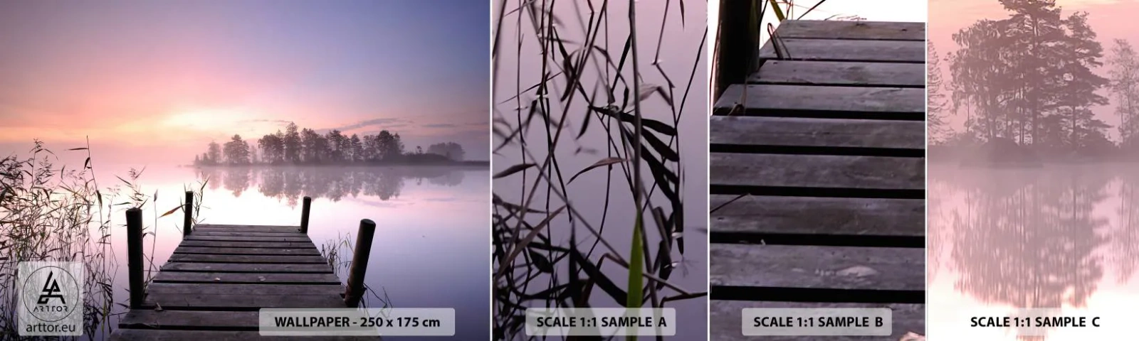 Prøve Fototapet Selvklæbende Deluxe Sticker - Ud af den lilla tåge... - Landskab, Solopgang, Sø - 100x30 cm