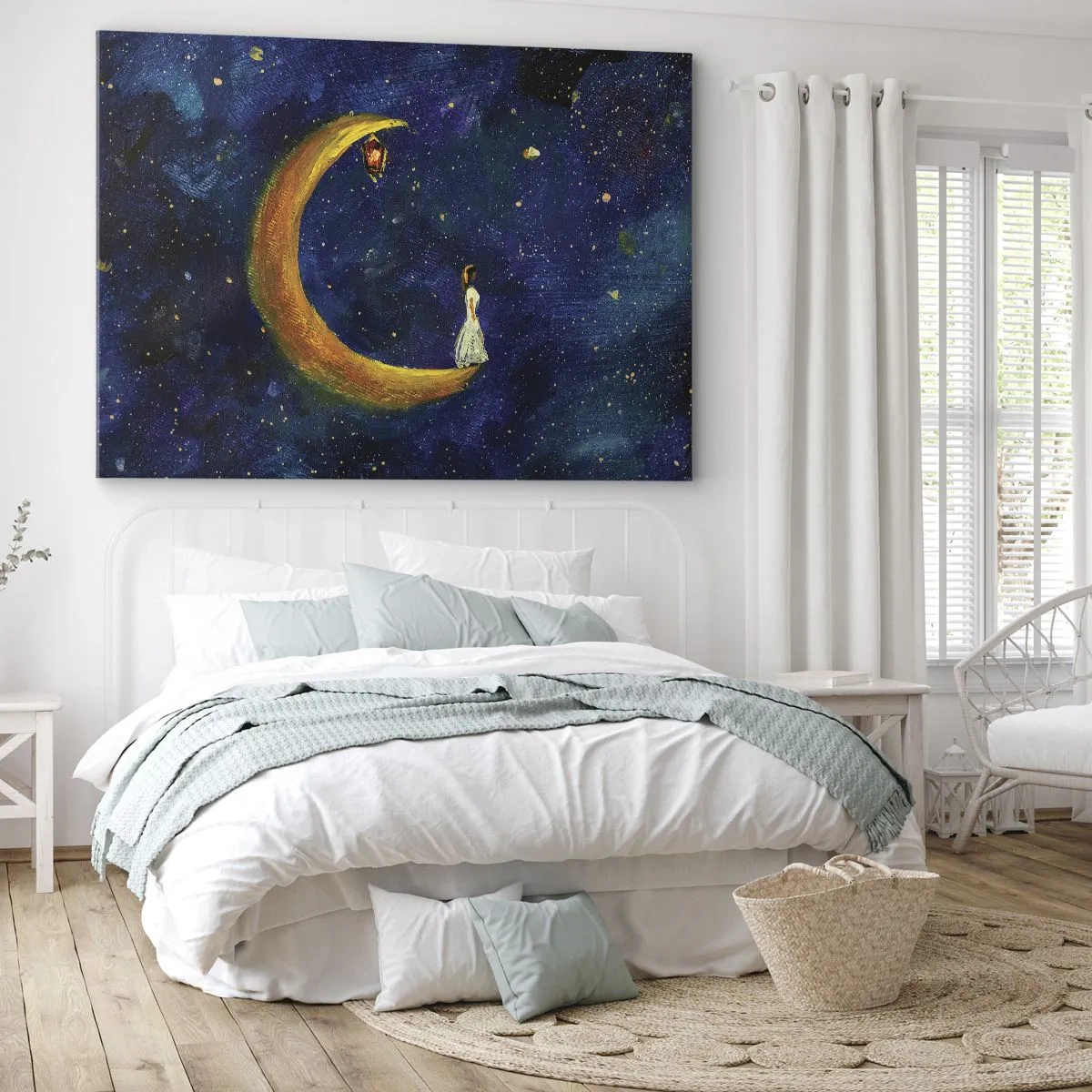 Lærredstryk - Billede på lærred - En pige, der står på månen i en stjerneklar himmel - 70x50cm - Kald på verden - Moderne vægdekoration til stue og soveværelse ARTTOR