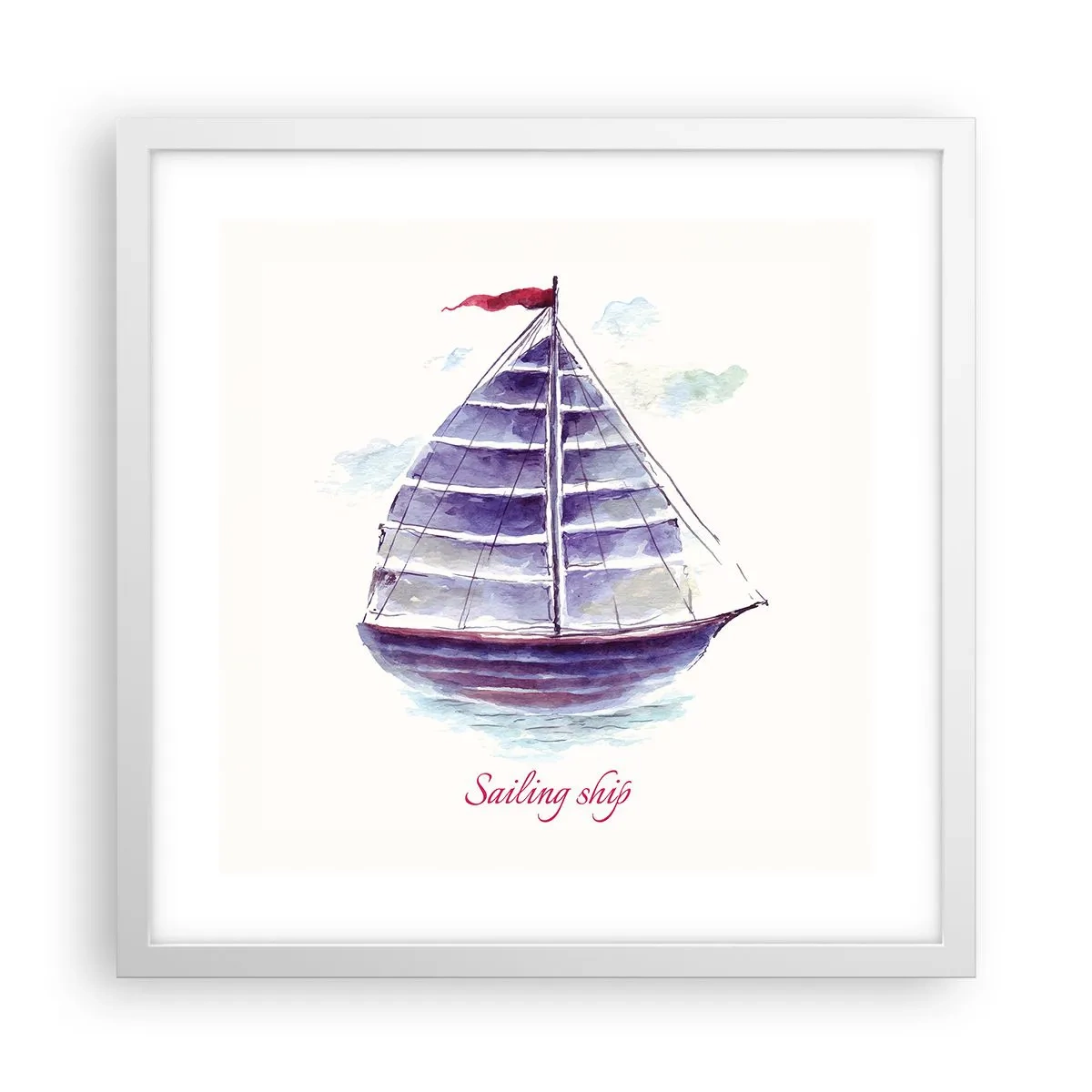 Plakat i hvid ramme - Fulde sejl og roligt vand - 40x40 cm