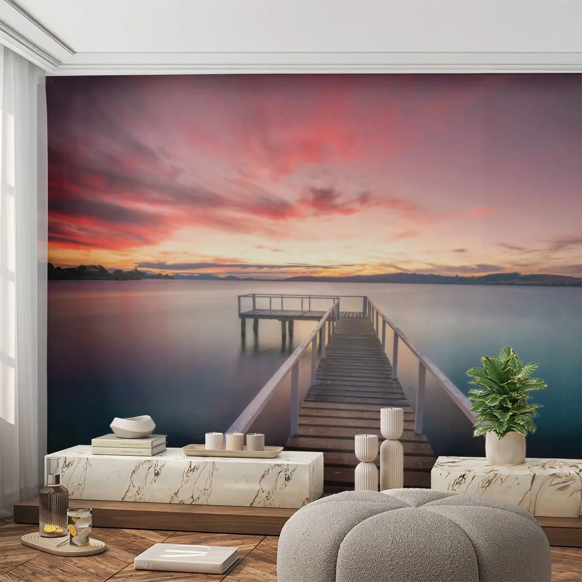 Fototapet Premium Canvas - Aftenens blide flamme - Landskab, Solnedgang, Træmole - 250x175 cm