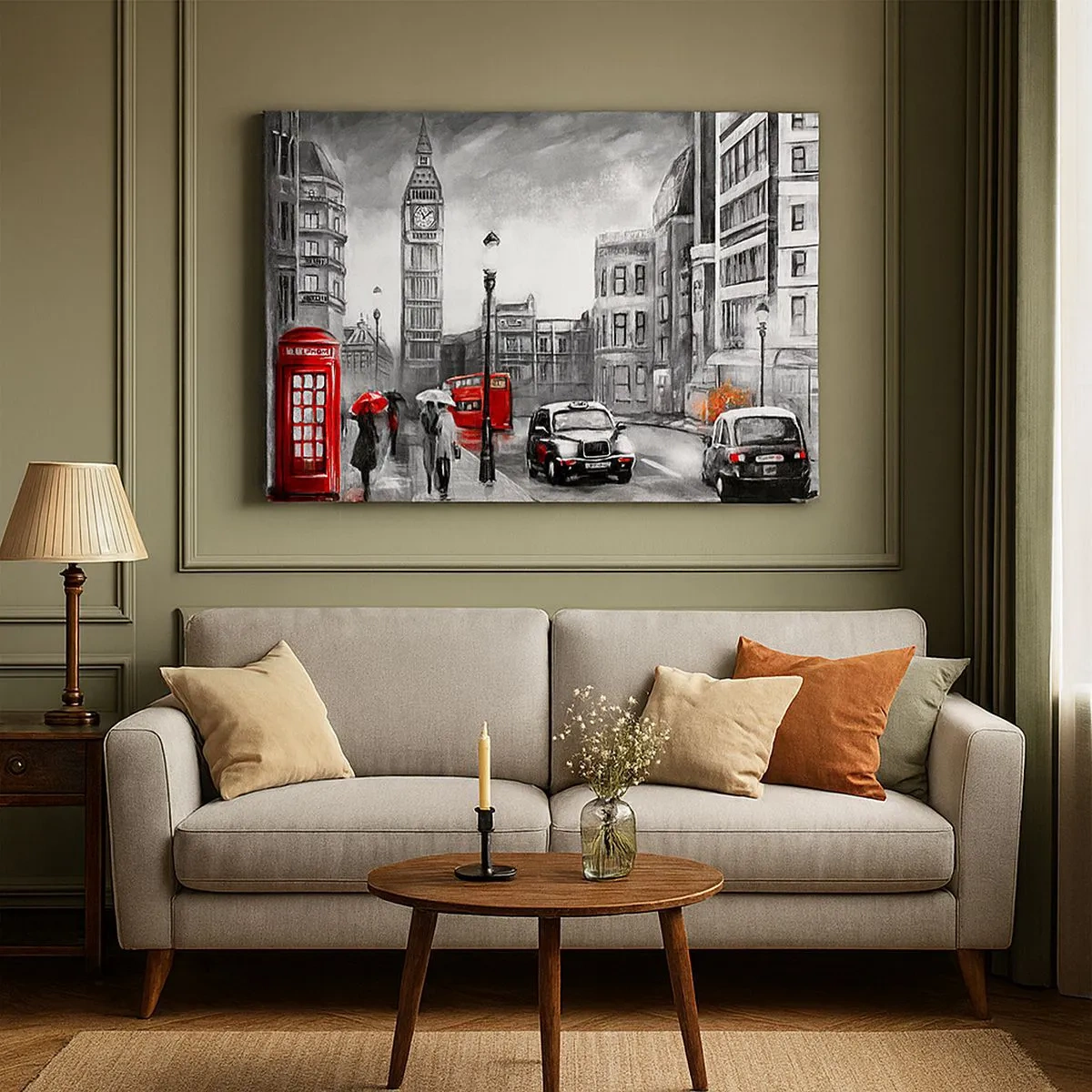 Lærredstryk - Billede på lærred - En London-scene i sort-hvid med røde accenter - 70x50cm - Overhovedet ikke en grå by - Moderne vægdekoration til stue og soveværelse ARTTOR