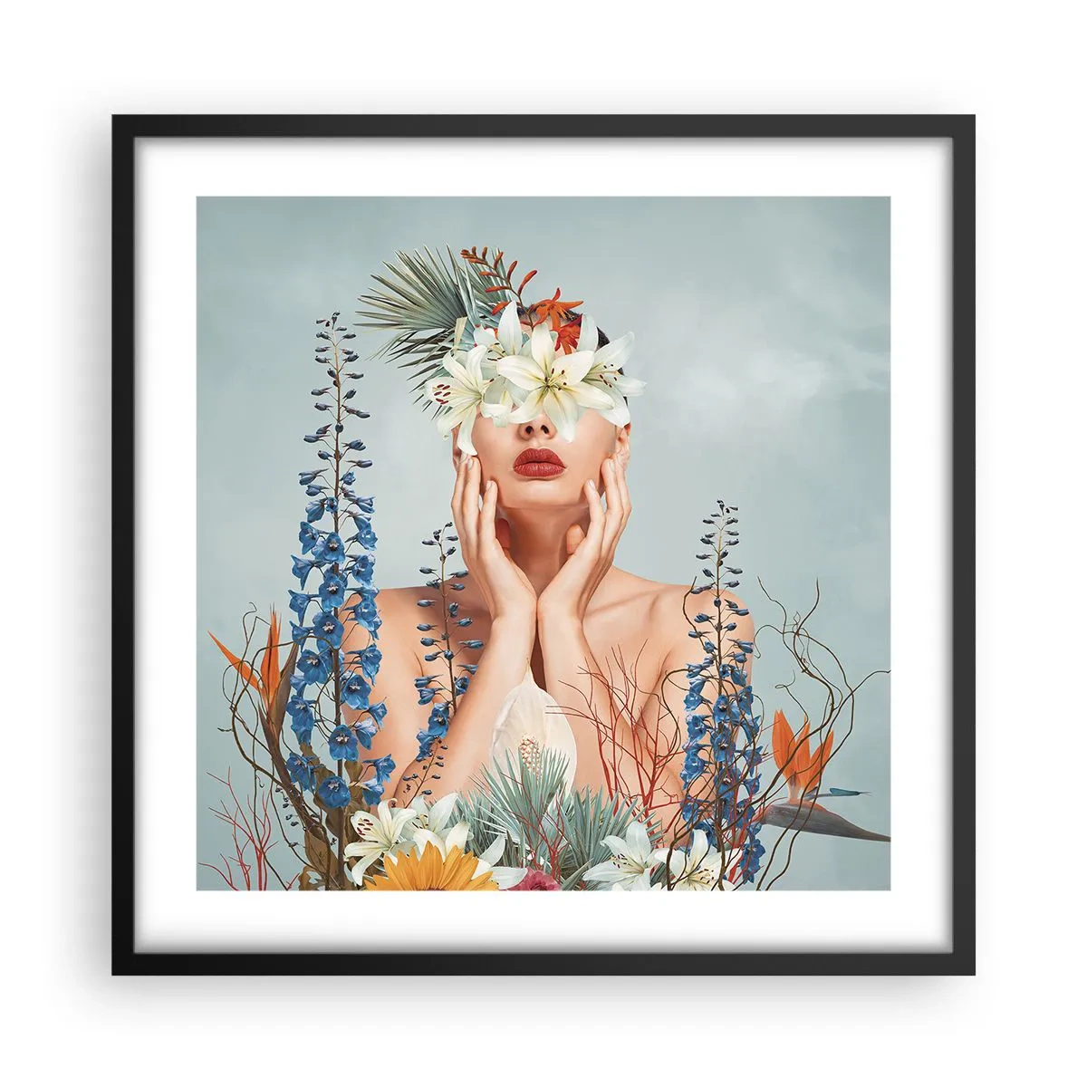 Plakat i sort ramme - Kvinde blomst - 50x50 cm