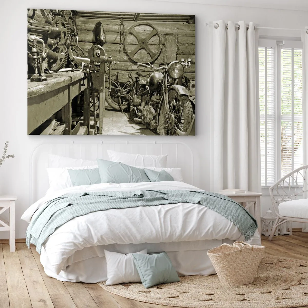 Lærredstryk - Billede på lærred - Retro værksted med motorcykler og værktøj - 70x50cm - I onkel Wladeks skur - Moderne vægdekoration til stue og soveværelse ARTTOR