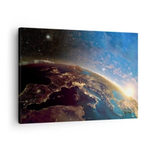 Lærredstryk - Billede på lærred - Udsigt over Jorden fra rummet ved solopgang - 70x50cm - Lad os se på hinanden på afstand - Moderne vægdekoration til stue og soveværelse ARTTOR