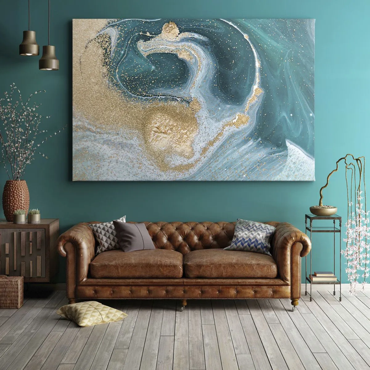 Lærredstryk - Billede på lærred - Abstrakt hvirvel i turkis og guldtoner - 70x50cm - En hvirvel af guld og turkis - Moderne vægdekoration til stue og soveværelse ARTTOR
