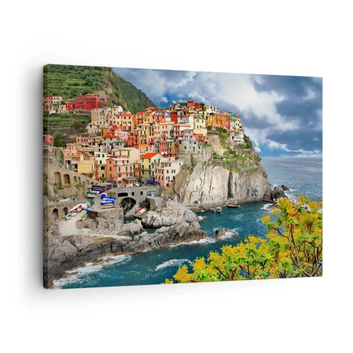 Lærredstryk - Billede på lærred - Farverige huse på en klippe med udsigt over havet i Cinque Terre - 70x50cm - En klynge klæber sig til klipperne - Moderne vægdekoration til stue og soveværelse ARTTOR
