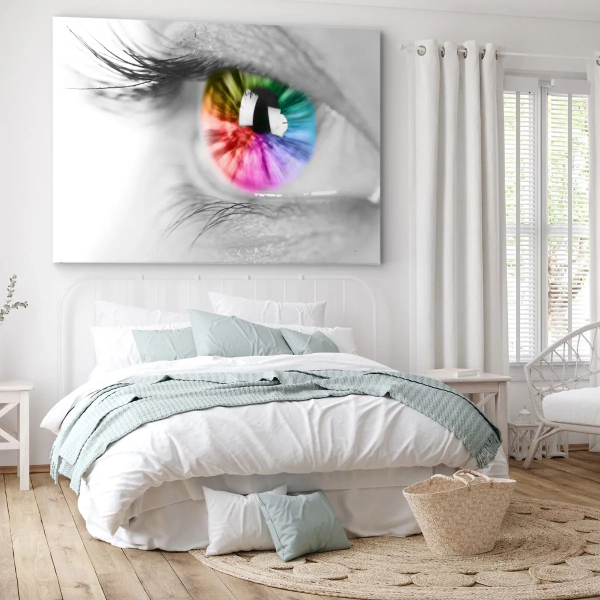 Lærredstryk - Billede på lærred - Kunstnerisk billede af et øje med en regnbuefarvet iris på en grå baggrund - 70x50cm - Se verden i farver - Moderne vægdekoration til stue og soveværelse ARTTOR