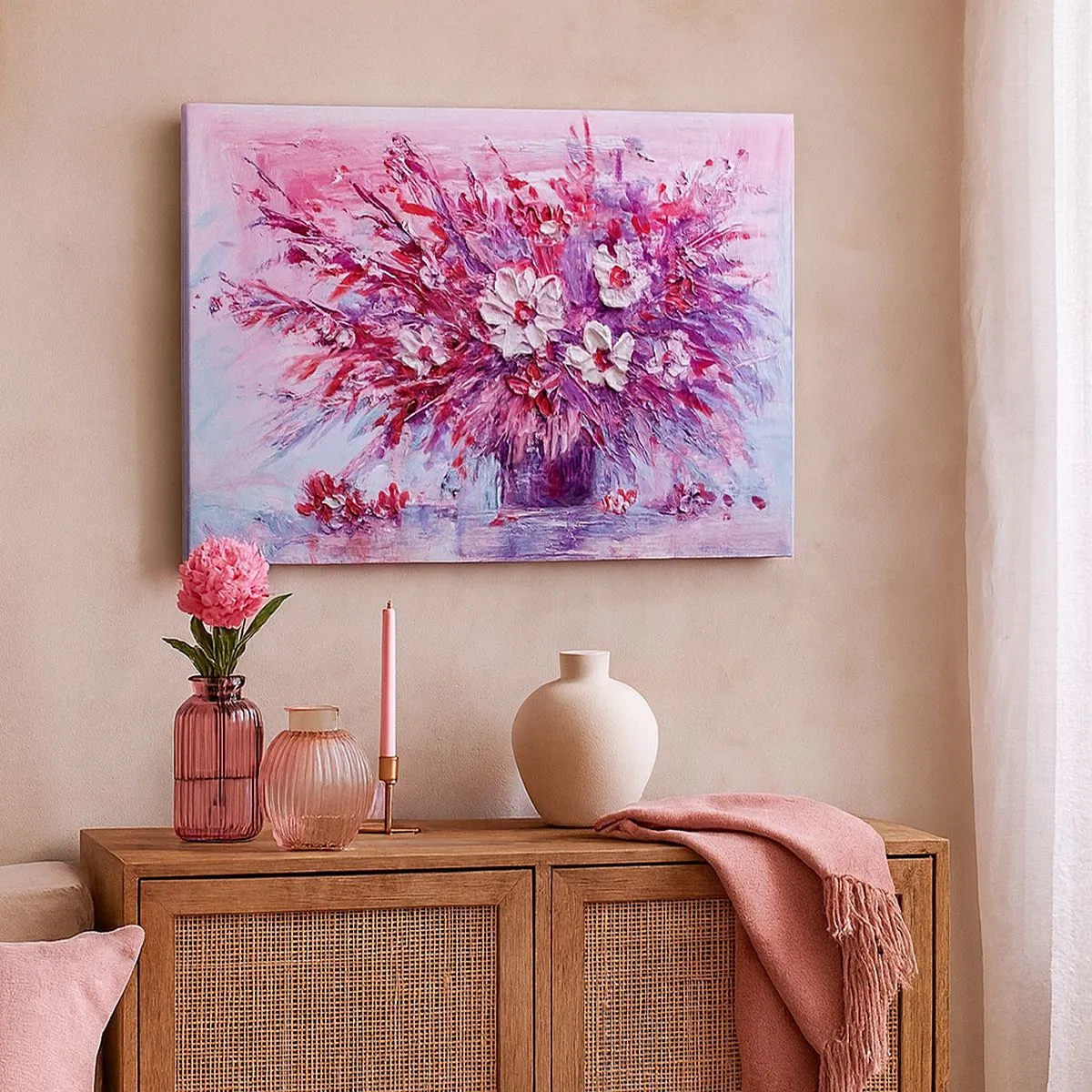 Lærredstryk - Billede på lærred - En farverig buket blomster i nuancer af lyserød og lilla - 70x50cm - Uskyld og lidenskab - Moderne vægdekoration til stue og soveværelse ARTTOR