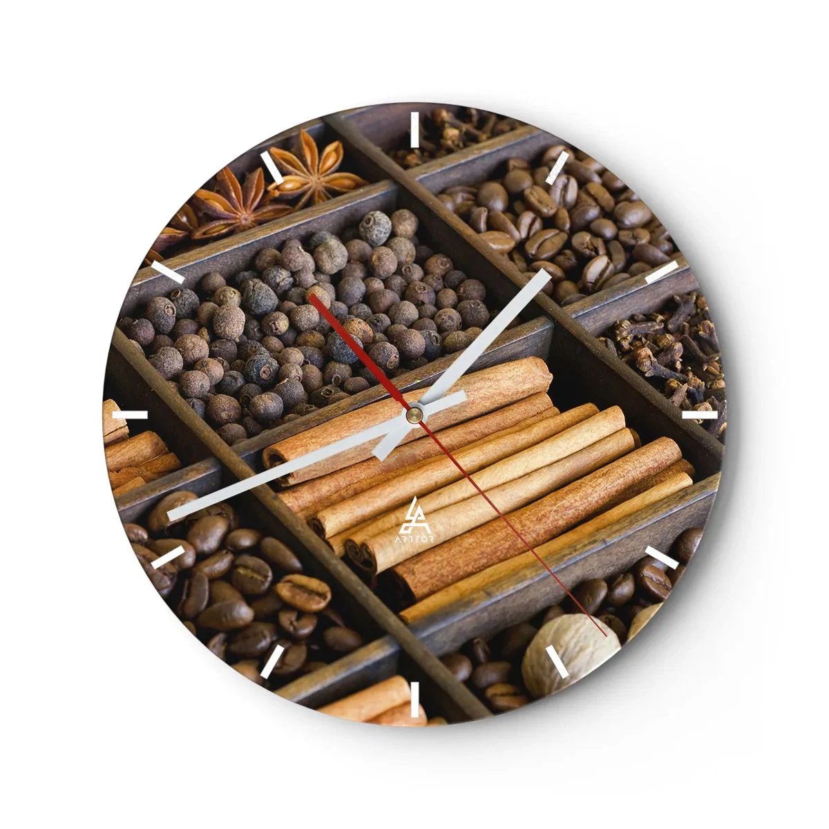 Vægur, Uret - Træskillevæg med forskellige krydderier og kaffe - 30x30cm - Et skatkammer af aromaer - Moderne vægdekoration til stue, køkken og soveværelse ARTTOR