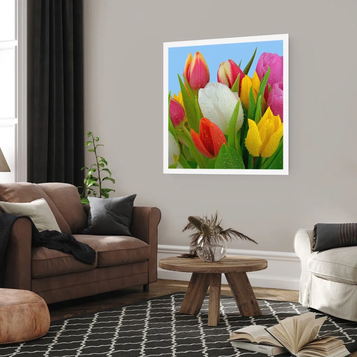 Plakat - En blomstret regnbue i dugdråber - 40x40 cm