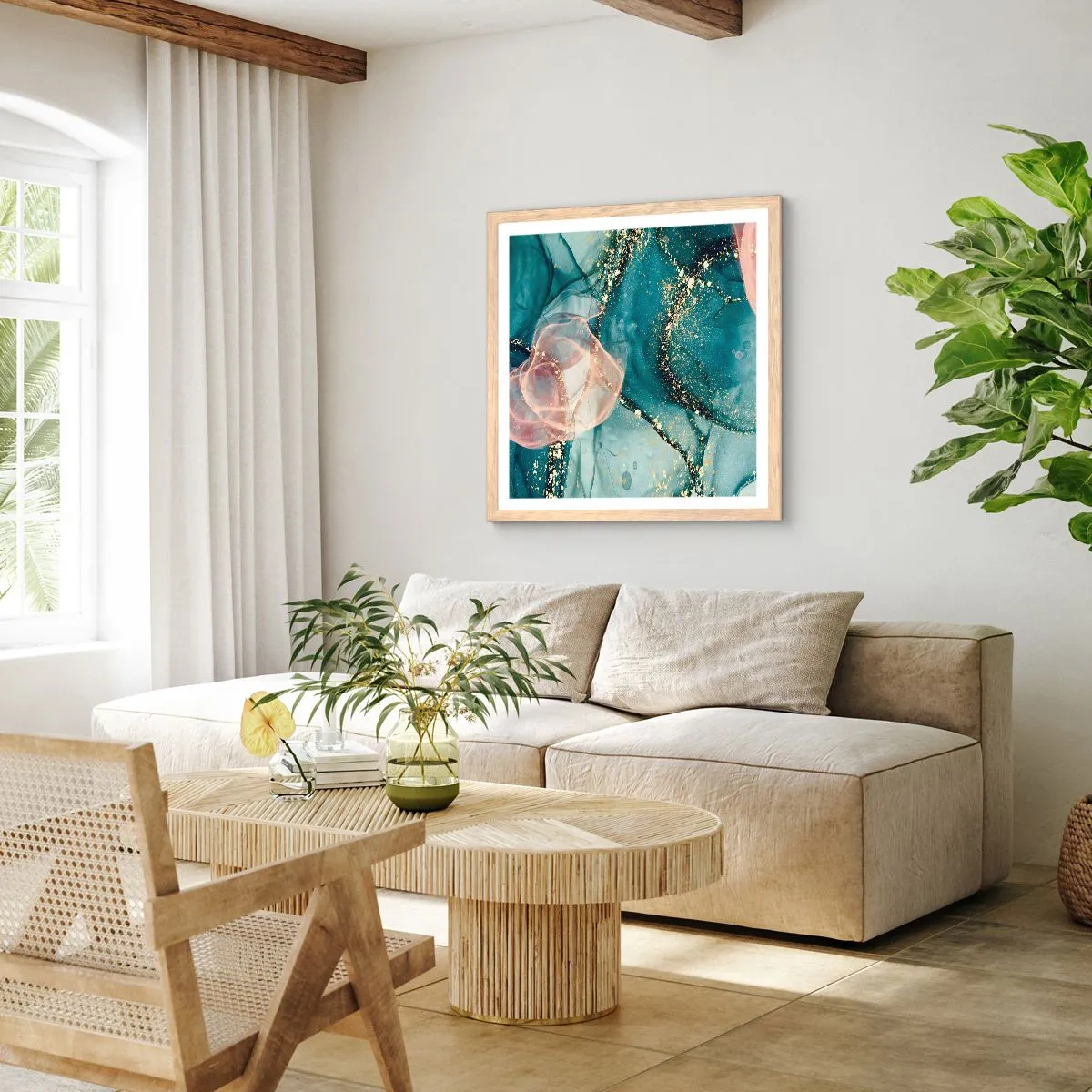 Plakat i ramme af lyst egetræ - Silkeblå, tyl lyserød - 40x40 cm