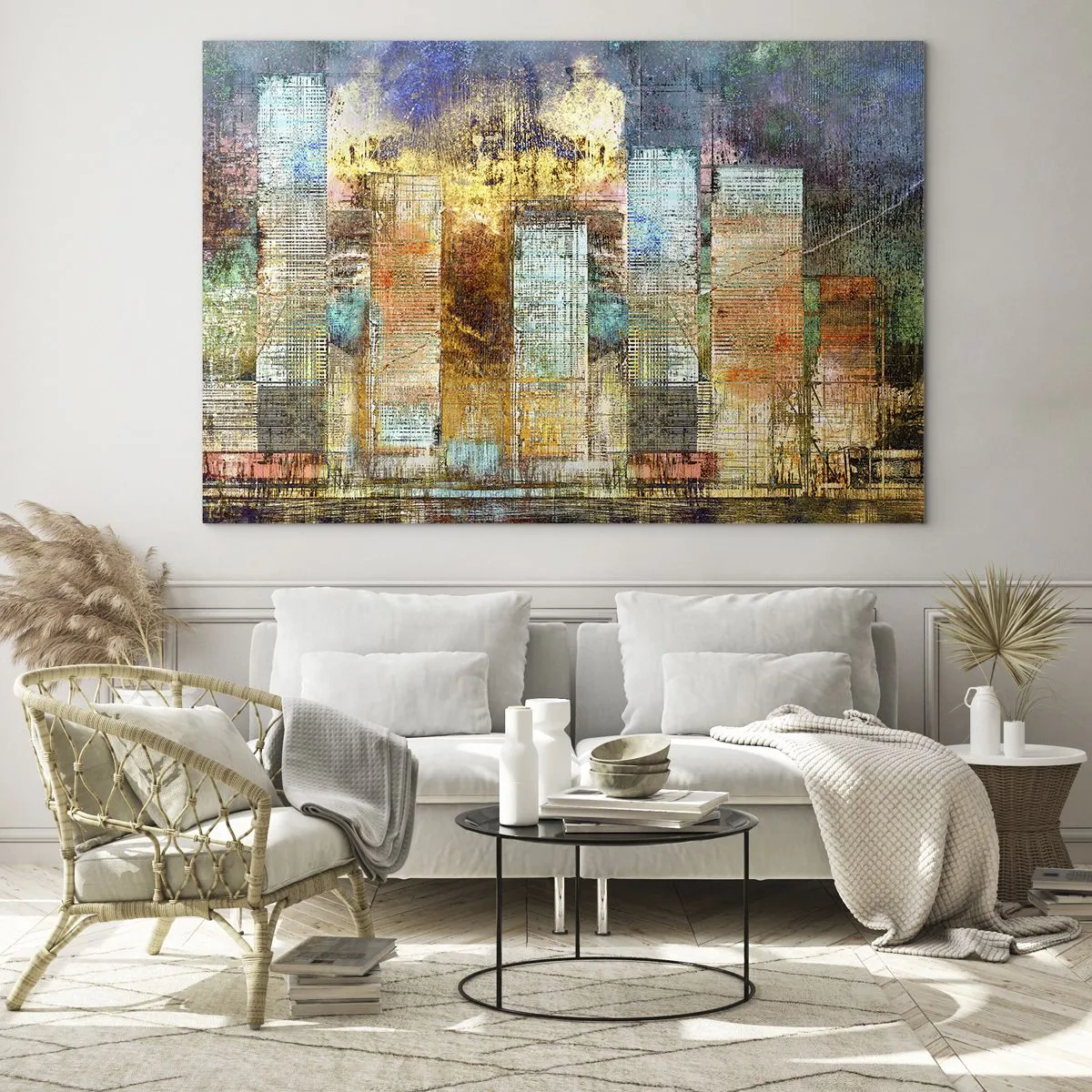 Billede på glas - Farverigt abstrakt panorama af byens skyskrabere i kunstnerisk stil - 70x50cm - Solrig metropol - Moderne vægdekoration til stue og soveværelse ARTTOR