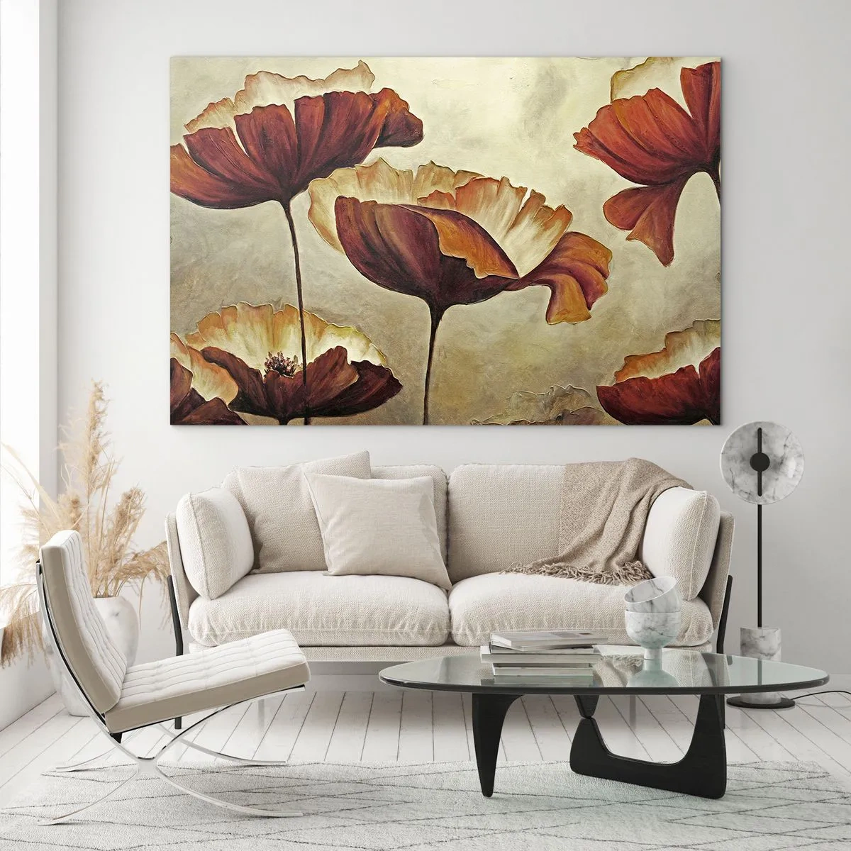 Billede på glas - Valmueblomster i nuancer af rød og guld på en lys baggrund - 70x50cm - Marker - Moderne vægdekoration til stue og soveværelse ARTTOR