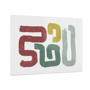 Billede på glas - Farverige abstrakte skilte på en hvid baggrund - 70x50cm - På et ukendt sprog - Moderne vægdekoration til stue og soveværelse ARTTOR