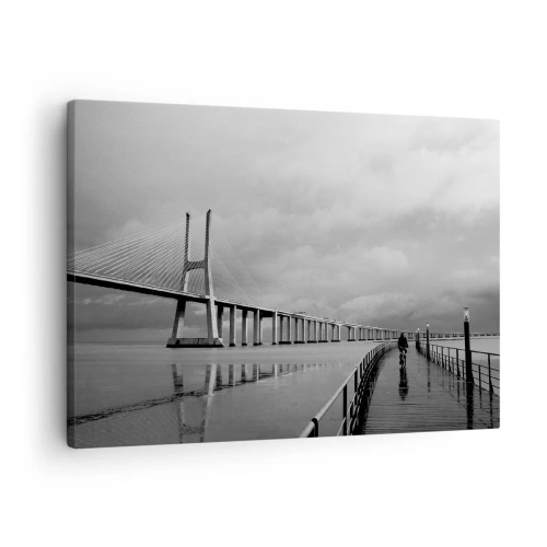Lærredstryk - Billede på lærred - En hængebro over vandet i sort-hvid - 70x50cm - Til hver, hvad han fortjener - Moderne vægdekoration til stue og soveværelse ARTTOR