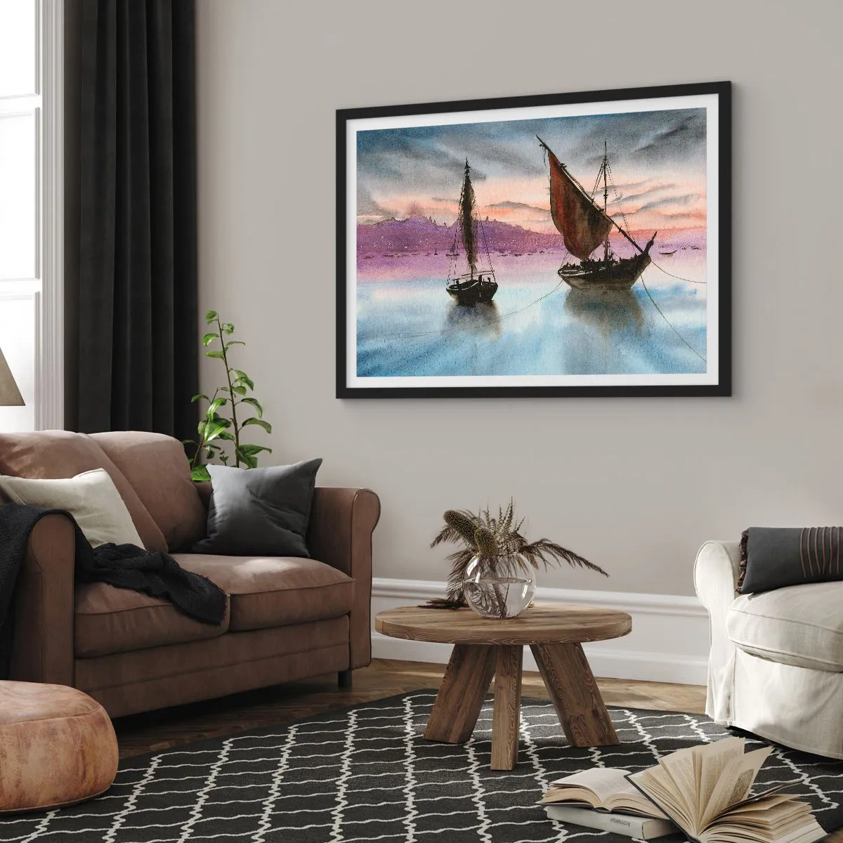 Plakat i sort ramme - Aften i havnen - 40x30 cm