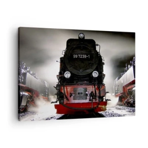 Lærredstryk - Billede på lærred - Et damplokomotiv omgivet af damp mod en mørk himmel i atmosfæriske omgivelser - 70x50cm - Han står og gisper, han gisper og puster. - Moderne vægdekoration til stue og soveværelse ARTTOR