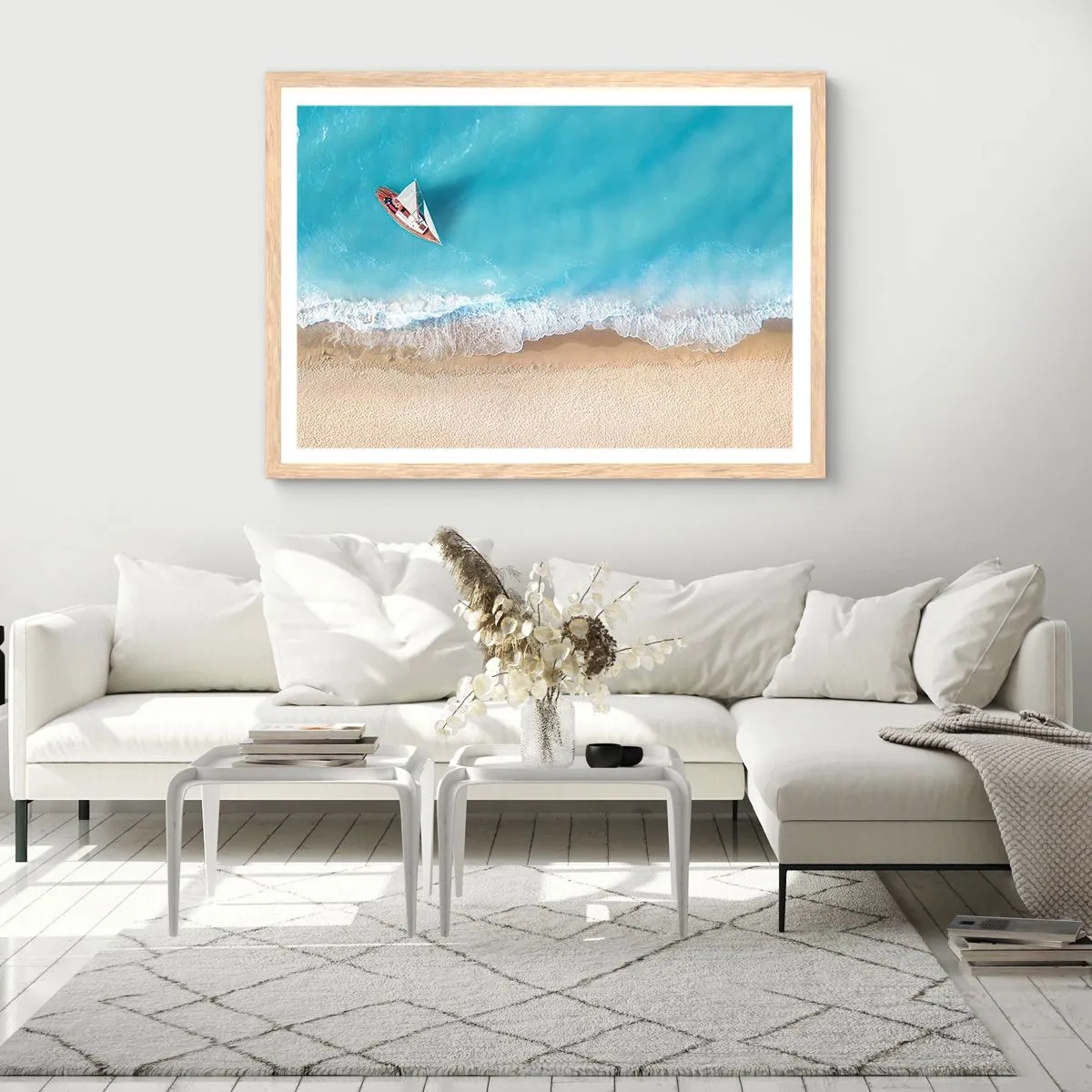 Plakat i ramme af lyst egetræ - På grænsen mellem blå og guld - 70x50 cm