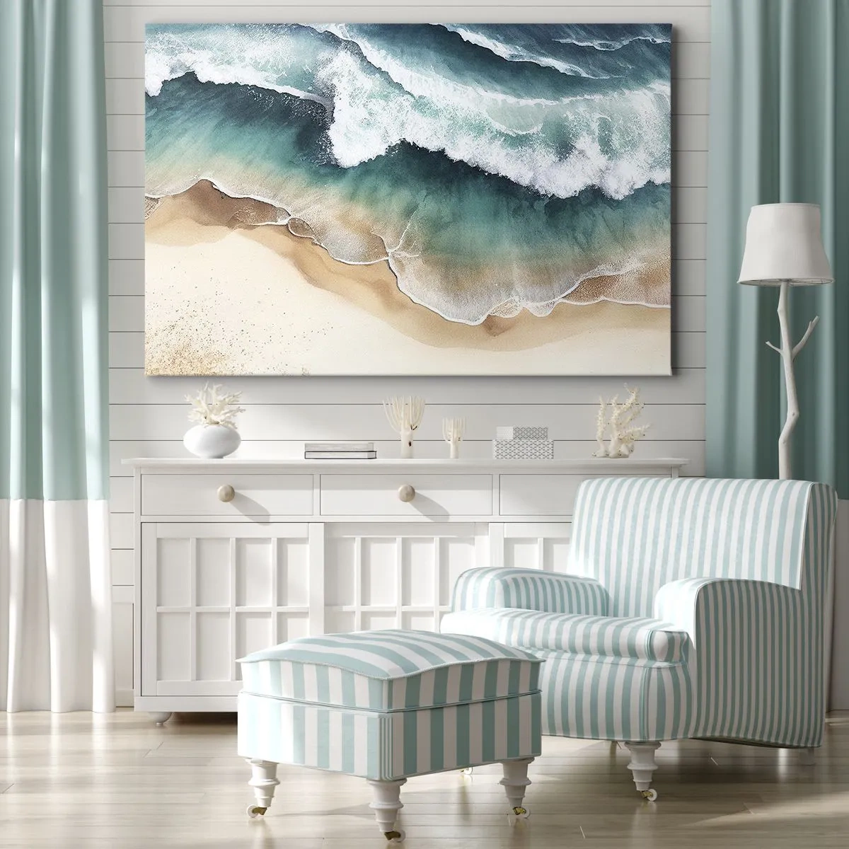 Lærredstryk - Billede på lærred - Udsigt over stranden og havets bølger i turkise nuancer - 70x50cm - Et evigt møde - Moderne vægdekoration til stue og soveværelse ARTTOR