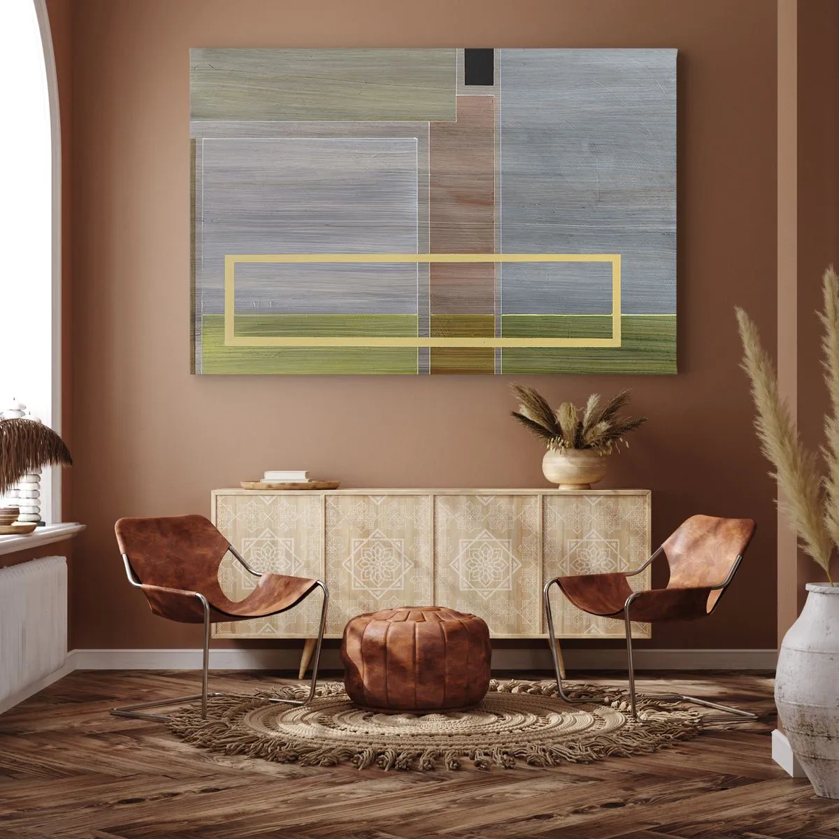 Lærredstryk - Billede på lærred - Geometrisk komposition i pastelfarver med rektangler - 70x50cm - Lige og rolig - Moderne vægdekoration til stue og soveværelse ARTTOR