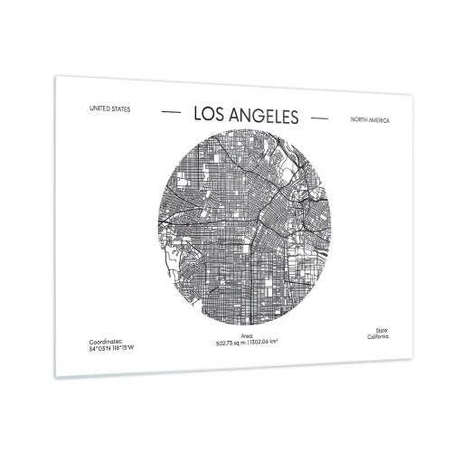 Billede på glas - Et minimalistisk sort-hvidt kort over Los Angeles. - 70x50cm - Los Angeles' anatomi - Moderne vægdekoration til stue og soveværelse ARTTOR