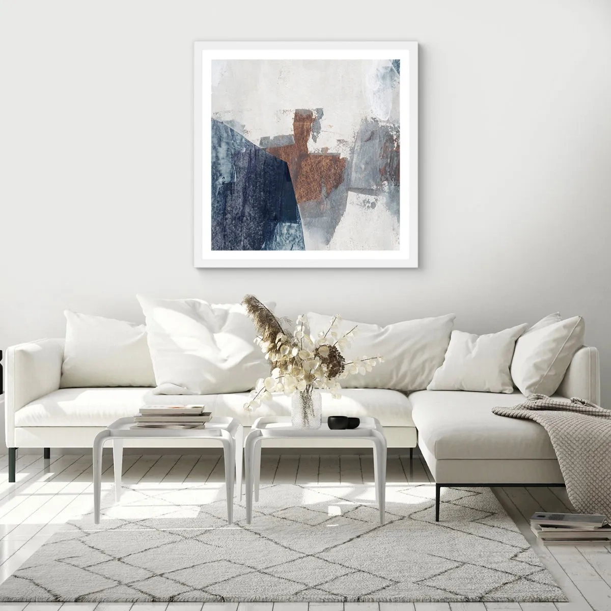 Plakat i hvid ramme - Blåbrune former - 40x40 cm