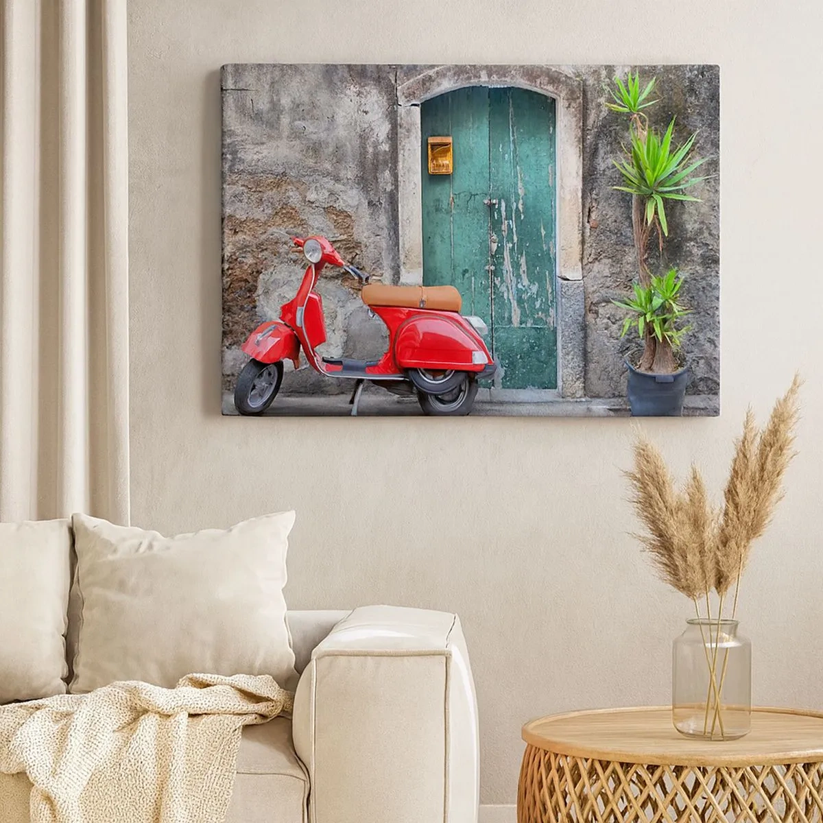 Lærredstryk - Billede på lærred - Rød scooter ved den grønne dør - 70x50cm - Italiensk ferie - Moderne vægdekoration til stue og soveværelse ARTTOR