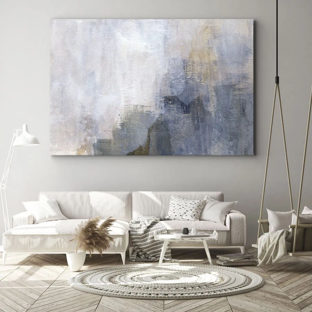 Lærredstryk - Billede på lærred - Diskrete abstrakte pletter i nuancer af blå og beige - 70x50cm - Farvetoner og akkorder - Moderne vægdekoration til stue og soveværelse ARTTOR