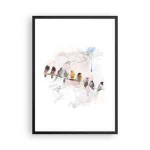 Plakat i sort ramme - Fugle sidder på en gren i akvarelstil - 50x70cm - Møde med vinger - Moderne vægdekoration til stue og soveværelse ARTTOR