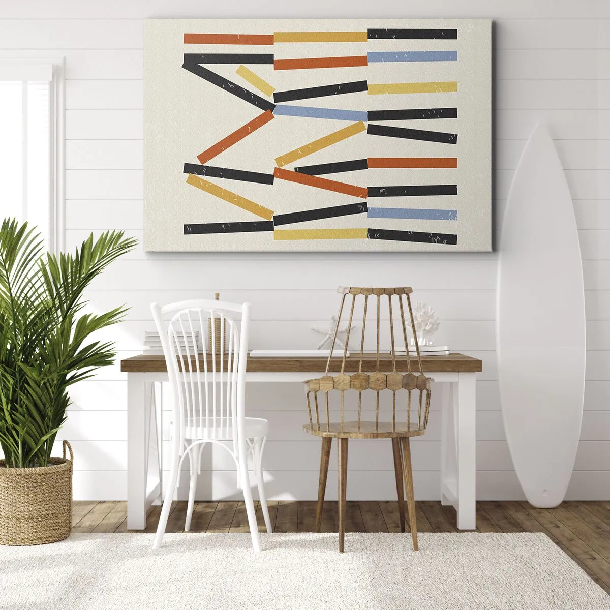 Lærredstryk - Billede på lærred - Abstrakt komposition med farvede og sorte rektangler i et vandret arrangement - 70x50cm - Vandret komposition - Moderne vægdekoration til stue og soveværelse ARTTOR