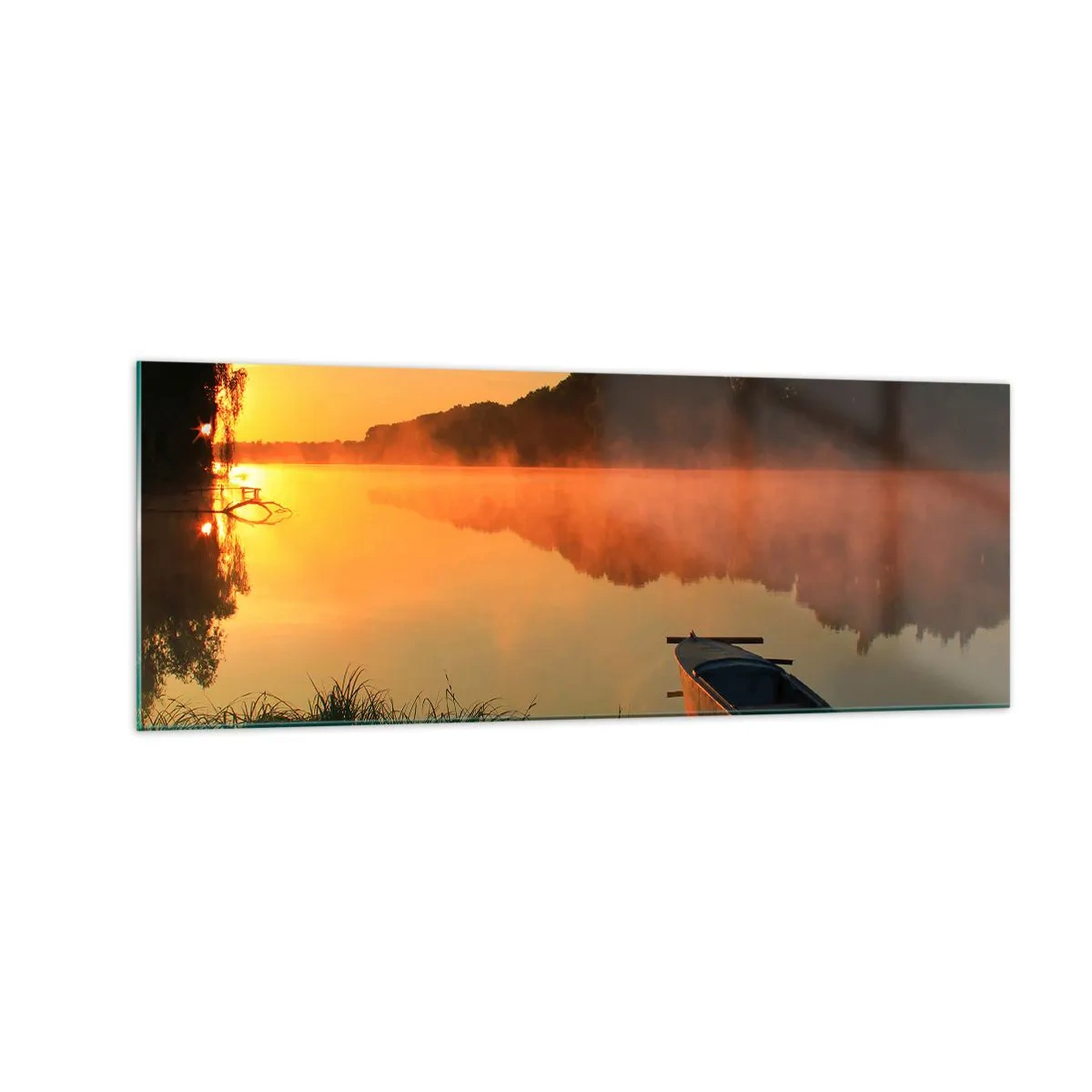 Billede på glas - Solopgang over vand som en spejlplade - 140x50 cm