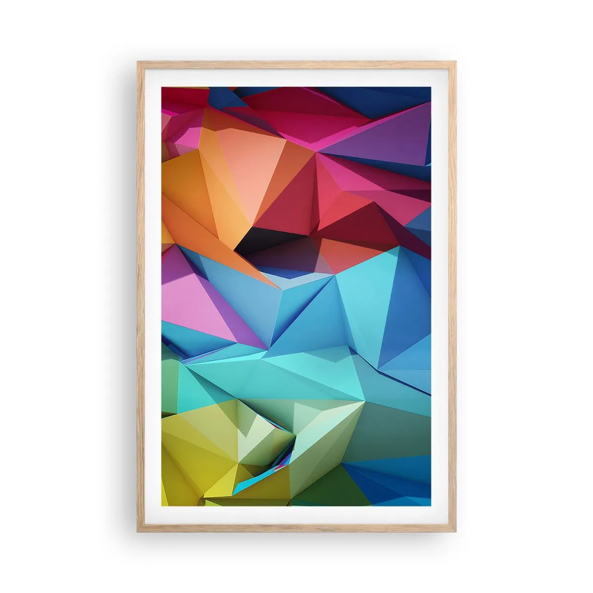 Plakat i ramme af lyst egetræ - Regnbue origami - 61x91 cm