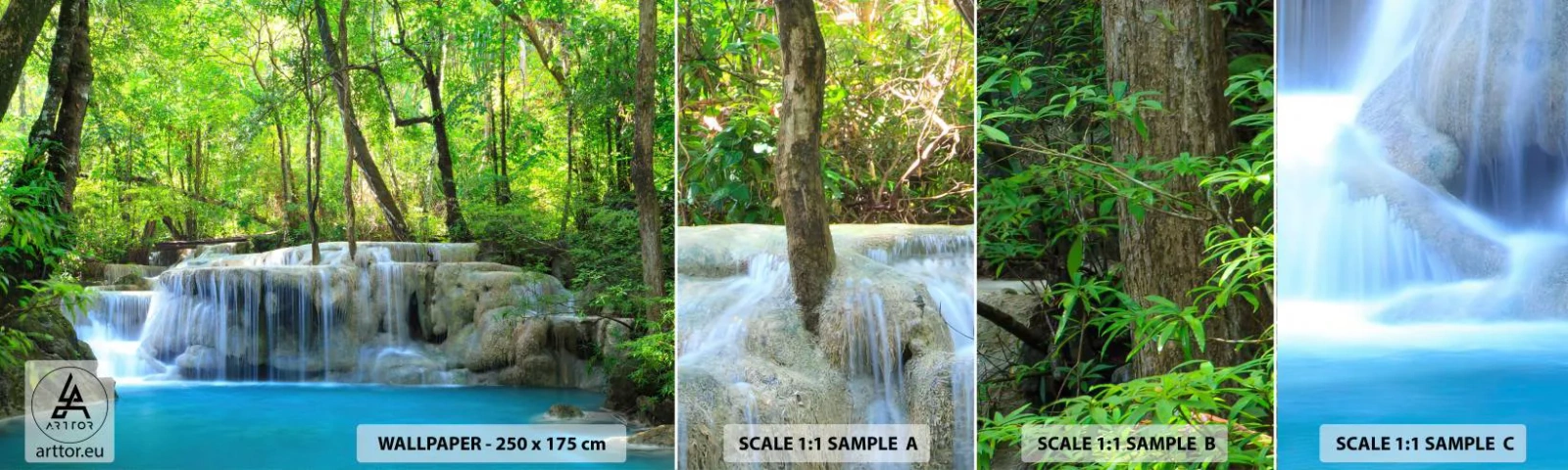 Fototapet Prøve Standard Eco - Drukner i turkis og grønt - Landskab, Vandfald, Kaskade - 100x30 cm