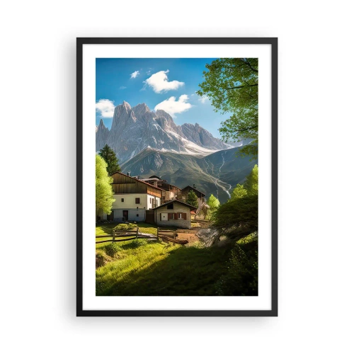 Plakat i sort ramme - En bjerglandsby ved foden af majestætiske tinder - 50x70cm - Alpeidyl - Moderne vægdekoration til stue og soveværelse ARTTOR