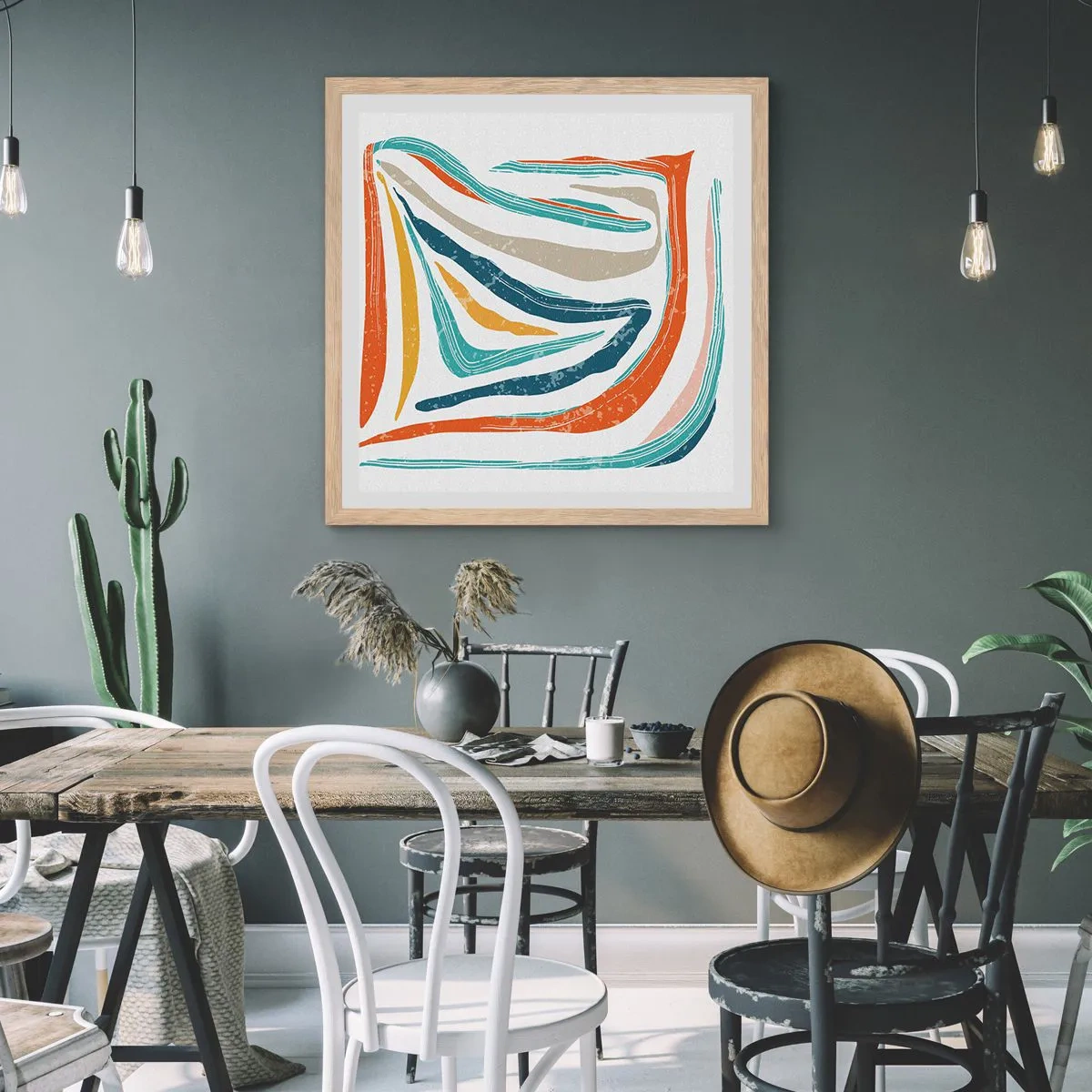 Plakat i ramme af lyst egetræ - Venligt smilende abstraktion - 40x40 cm