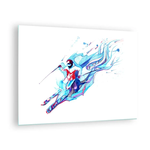 Billede på glas - En dynamisk figur af en skiløber i abstrakte farver - 70x50cm - Den vanvittige jagt på glæde - Moderne vægdekoration til stue og soveværelse ARTTOR