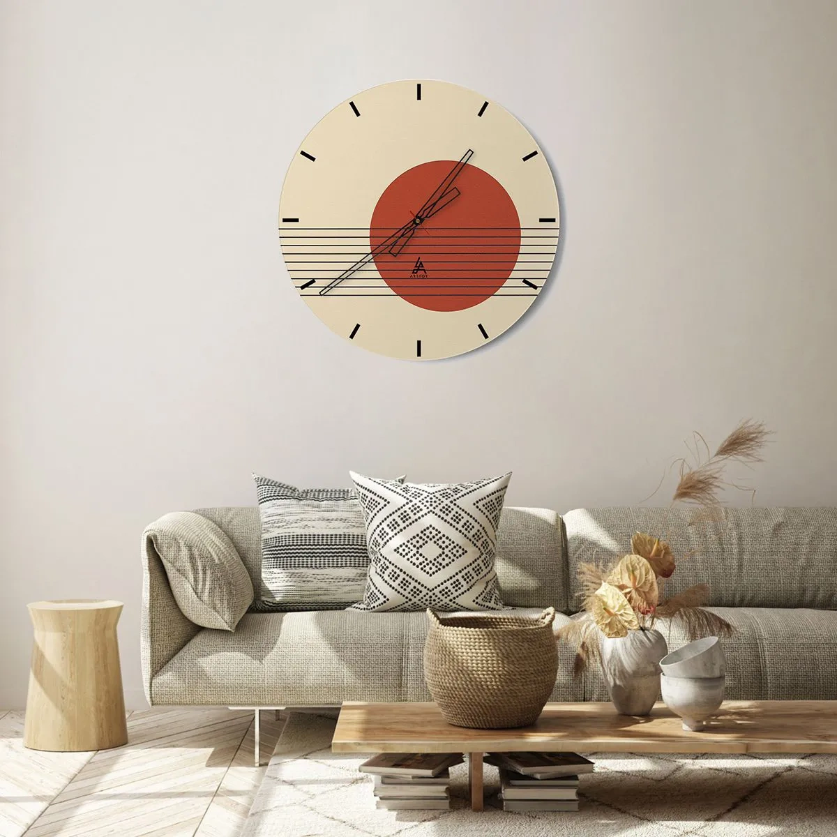 Vægur, Uret - Geometrisk motiv med en orange cirkel og sorte linjer - 30x30cm - Og så videre - Moderne vægdekoration til stue, køkken og soveværelse ARTTOR