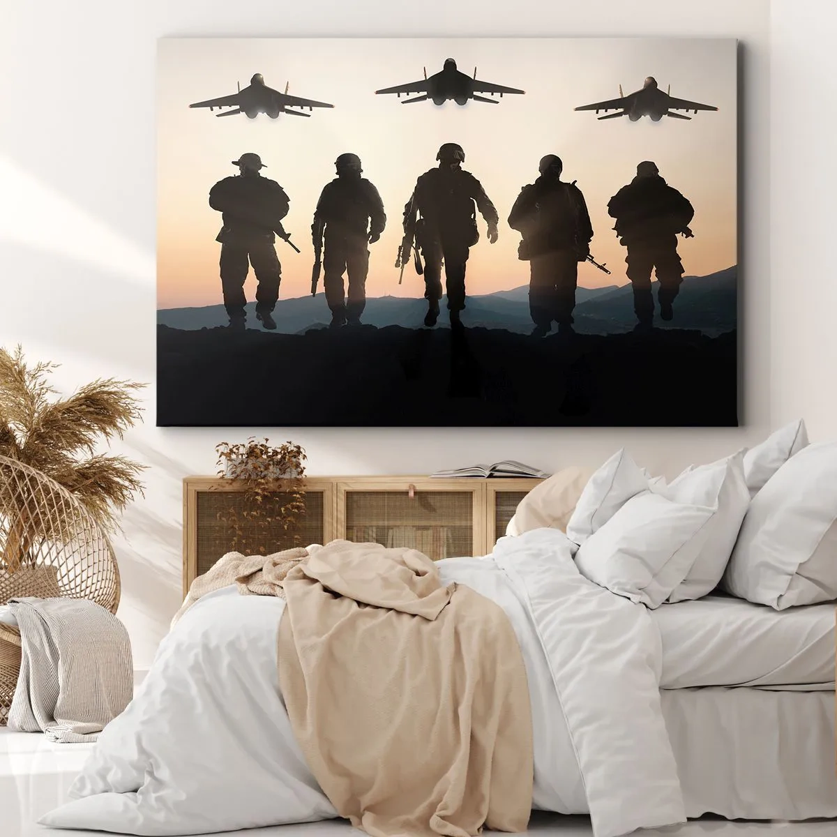 Lærredstryk - Billede på lærred - Silhuetter af soldater og jagerfly mod solnedgangsbaggrunden - 70x50cm - Velkommen til vores verden - Moderne vægdekoration til stue og soveværelse ARTTOR