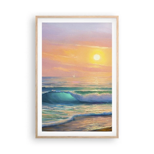 Plakat i ramme af lyst egetræ - Bølgernes turkisfarvede sang - 61x91 cm