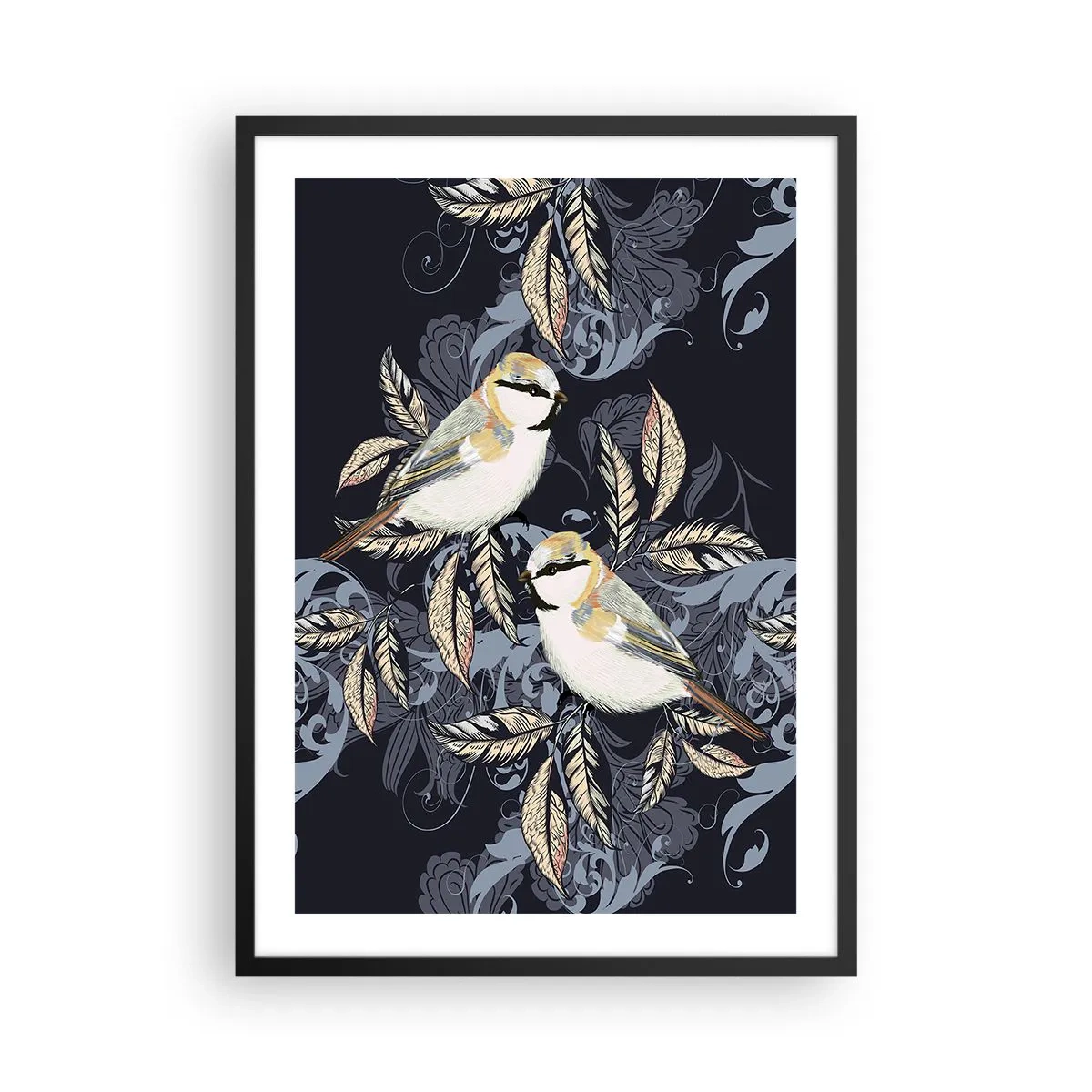 Plakat i sort ramme - To fugle mod en baggrund af dekorative blade og ornamenter - 50x70cm - Gul-blå espalier - Moderne vægdekoration til stue og soveværelse ARTTOR