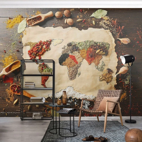 Fototapet Standard Eco - Alle verdens smage - Gastronomi, Verdenskort, Tørrede krydderier - 400x280 cm