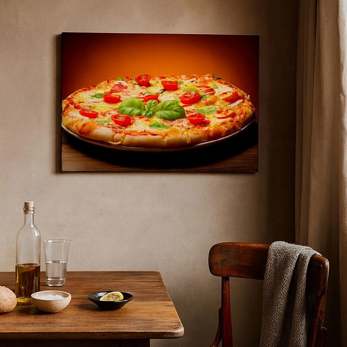 Lærredstryk - Billede på lærred - Pizza med tomater og basilikum på et træbord - 70x50cm - Mamma mia! - Moderne vægdekoration til stue og soveværelse ARTTOR
