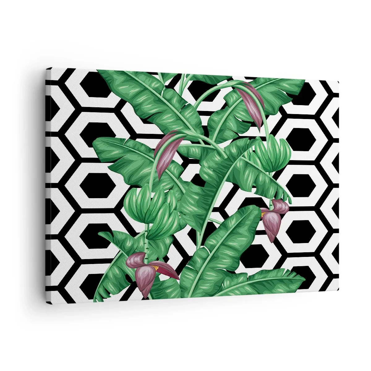Lærredstryk - Billede på lærred - Tropiske blade på en geometrisk baggrund - 70x50cm - Symmetrisk komposition fra naturen - Moderne vægdekoration til stue og soveværelse ARTTOR