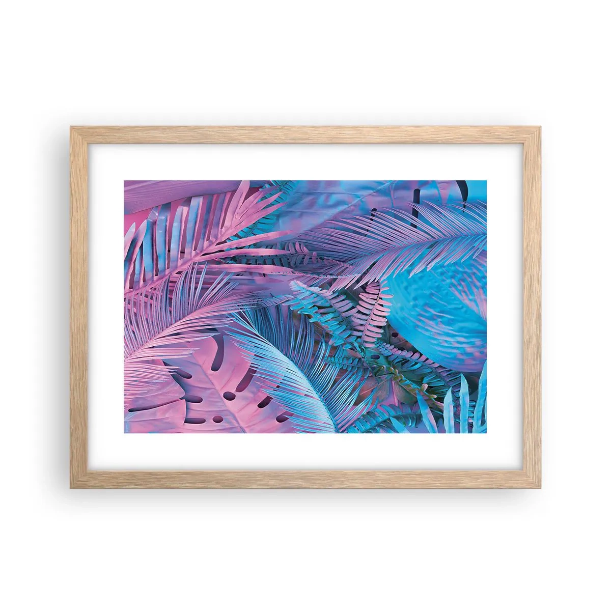 Plakat i ramme af lyst egetræ - Troperne i lyserød og blå - 40x30 cm